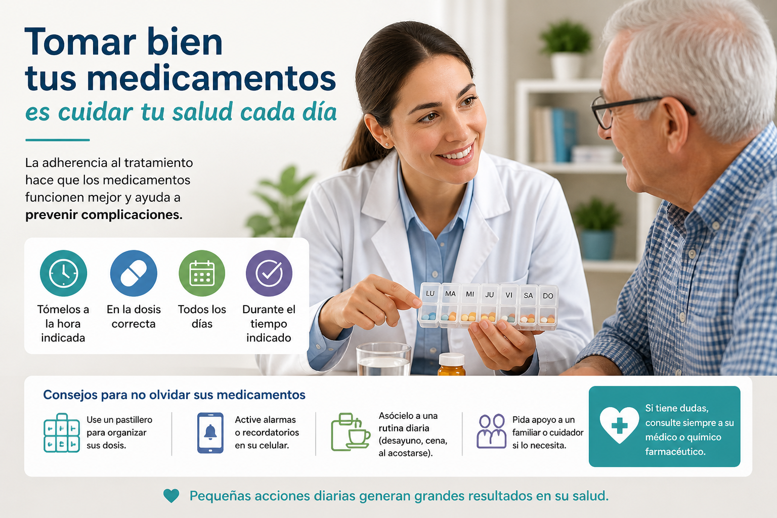 Farmacéutica educando a paciente sobre adherencia a medicamentos con pastillero semanal